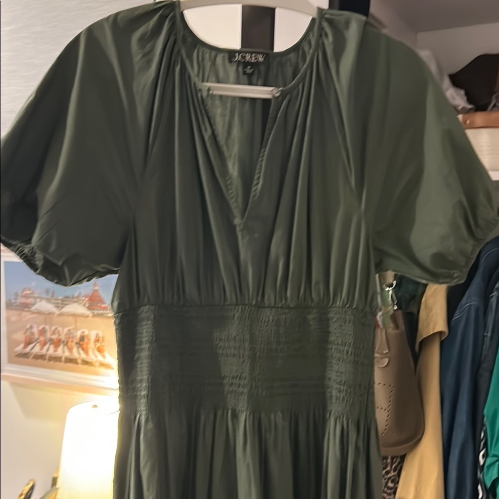 J. Crew Green Puff Sleeve V-Neck Midi Dress